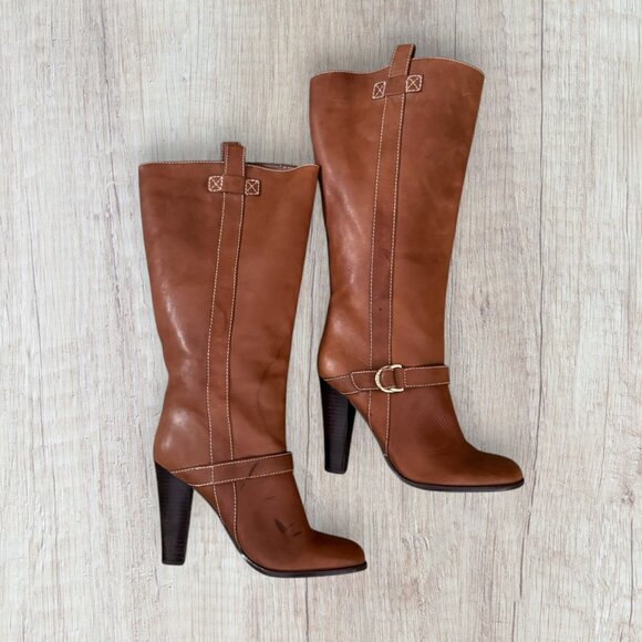 Lauren Ralph Lauren Honey Brown Valora Pull On Buckle Mid Calf Stacked Heel Boot - Picture 2 of 11